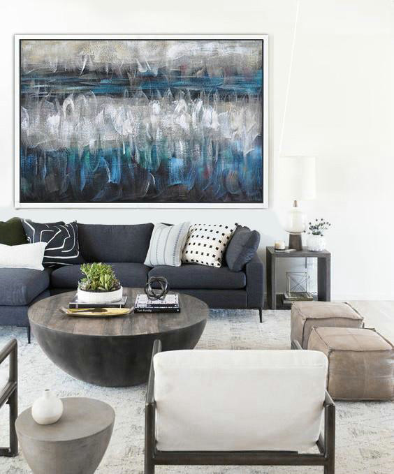 Large Abstract Painting On Canvas,Oversized Horizontal Contemporary Art,Abstract Painting Modern Art,Blue,Grey,Black,White.etc